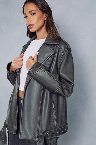 Womens Distressed Leather Look Midi Biker Jacket - - 10 - MISSPAP - Modalova