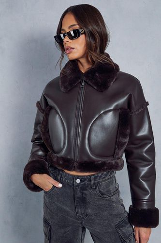 Womens Premium Leather Look Cropped Fur Lined Aviator Coat - - 14 - MISSPAP - Modalova