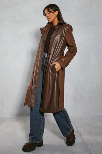 Womens Contrast Woven Leather Look Panelled Trench Coat - - 10 - MISSPAP - Modalova