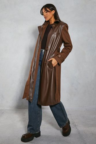 Womens Contrast Woven Leather Look Panelled Trench Coat - - 6 - MISSPAP - Modalova