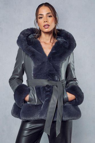 Womens Faux Fur Leather Look Belted Coat - - 10 - MISSPAP - Modalova