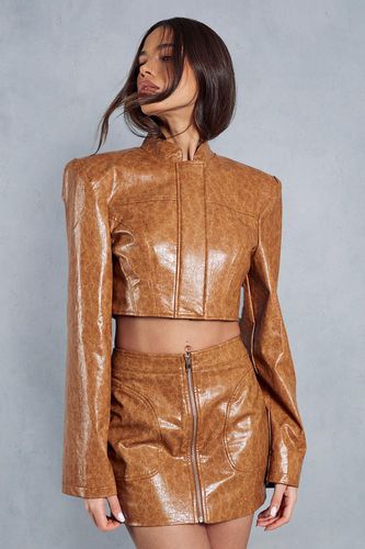 Womens Crackle Leather Look Structured Cropped Jacket - - 12 - MISSPAP - Modalova
