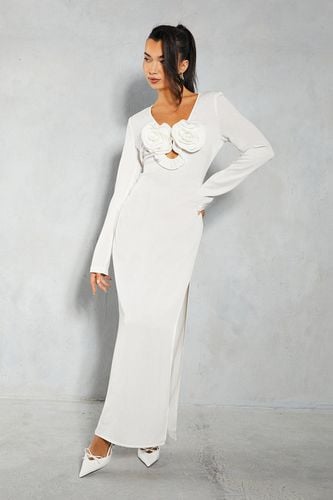 Womens Satin Crinkle Sheer Floral Applique Plunge Maxi Dress - - 10 - MISSPAP - Modalova