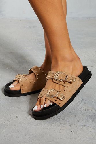 Womens Studded Faux Suede Buckle Sliders - - 3 - MISSPAP - Modalova