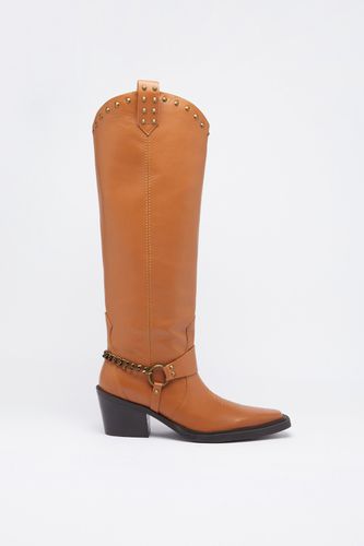 Womens Leather Stud Harness Knee High Cowboy Boot - - 3 - Warehouse - Modalova