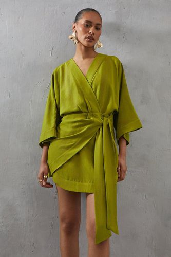 Womens Linen Wrap Kimono Mini Dress - - 10 - Warehouse - Modalova