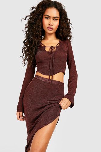 Womens Metallic Knitted Lace Up Corset Top And Asymmetric Skirt Set - - L - boohoo - Modalova