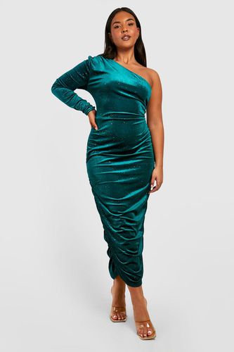 Womens Plus One Shoulder Glitter Velvet Midi Dress - - 16 - boohoo - Modalova
