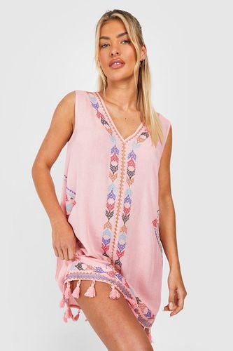 Womens Cheesecloth Embroidered Tassel Beach Mini Dress - - L - boohoo - Modalova