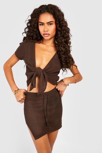 Womens Crochet Tie Front Top And Mini Skirt Set - - XL - boohoo - Modalova