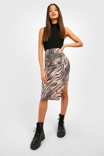 Womens Zebra Print Rib Side Split Midi Skirt - - 10 - boohoo - Modalova