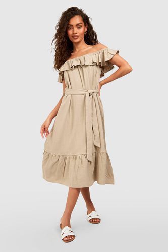 Womens Linen Bardot Frill Midi Dress - - 8 - boohoo - Modalova