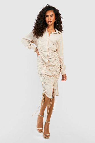 Womens Ruched Linen Midi Shirt Dress - - 10 - boohoo - Modalova