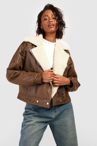 Womens Vintage Wash Faux Leather Aviator Jacket - - 10 - boohoo - Modalova