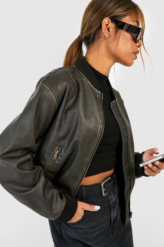 Womens Vintage Look Faux Leather Oversized Cropped Bomber Jacket - - 10 - boohoo - Modalova