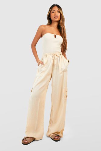 Womens Linen Wide Leg Cargo Trousers - - 10 - boohoo - Modalova