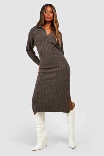 Womens Wide Rib Knit Collared Soft Jumper Dress - - L - boohoo - Modalova