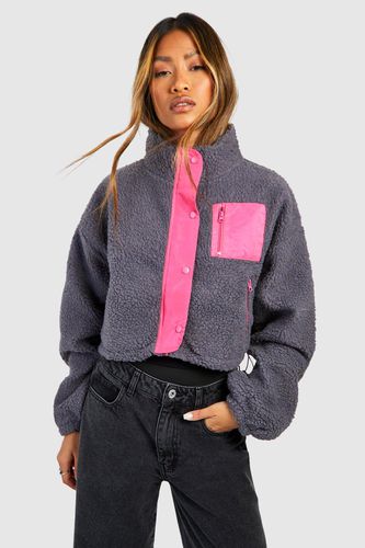 Womens Contrast Nylon Pocket Teddy Jacket - - 14 - boohoo - Modalova