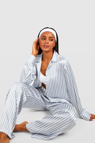 Womens Contrast Stripe Satin Pyjama Trouser Set - - 10 - boohoo - Modalova