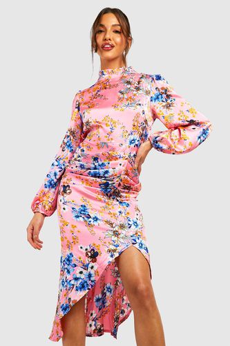 Womens Floral Print High Neck Ruched Midi Dress - - 10 - boohoo - Modalova