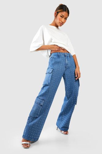 Womens All Over Diamante Hot Fix Cargo Jeans - - 16 - boohoo - Modalova