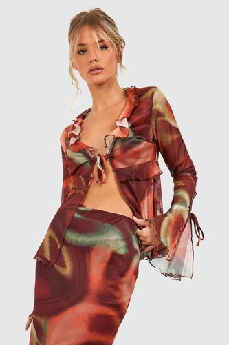 Womens Abstract Mesh Ruffle Flared Sleeve Blouse - - 8 - boohoo - Modalova