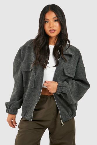 Womens Petite Wool Look Pocket Detail Oversized Bomber Jacket - - 10 - boohoo - Modalova