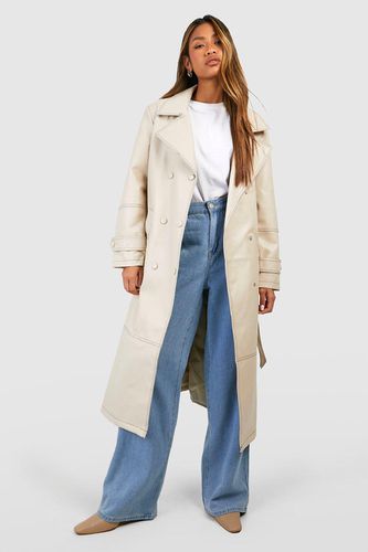 Womens Contrast Stitch Detail Faux Leather Trench Coat - - L - boohoo - Modalova