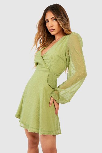 Womens Dobby Blouson Sleeve Wrap Mini Dress - - 10 - boohoo - Modalova