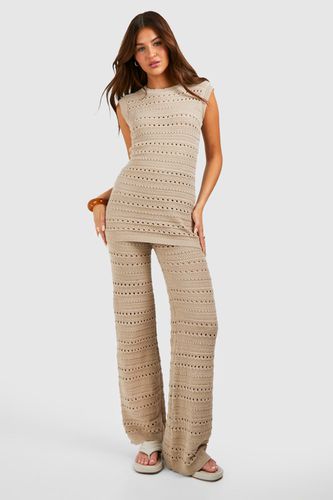 Womens Crochet Tunic And Wide Leg Trouser Knitted Set - - 12 - boohoo - Modalova