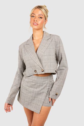 Womens Linen Look Mini Check Boxy Crop Blazer - - 12 - boohoo - Modalova