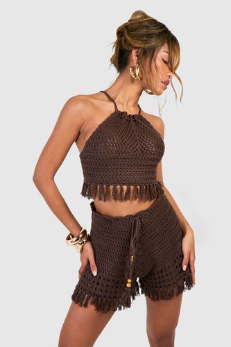 Womens Premium Crochet Tassel Shorts & Halterneck Top Set - - M - boohoo - Modalova