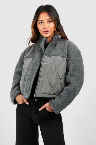 Womens Quilted Nylon Detail Teddy Faux Fur Jacket - - 12 - boohoo - Modalova