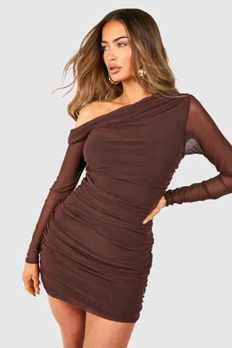 Womens One Shoulder Ruched Mesh Long Sleeve Mini Dress - - 16 - boohoo - Modalova