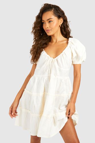 Womens Linen Puff Sleeve Mini Dress - - 10 - boohoo - Modalova