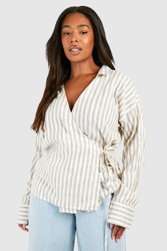 Womens Plus Woven Stripe Wrap Long Sleeve Shirt - - 18 - boohoo - Modalova