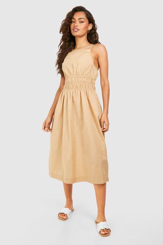 Womens Strappy Linen Shirred Waist Midi Dress - - 10 - boohoo - Modalova