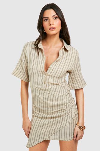 Womens Stripe Wrap Short Sleeve Shirt Dress - - 12 - boohoo - Modalova