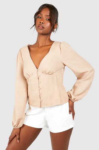 Womens Linen Button Detail Long Sleeve Blouse - - 12 - boohoo - Modalova