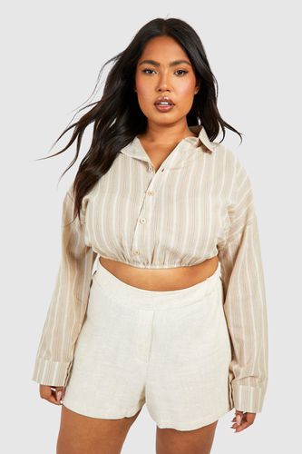 Womens Plus Stripe Linen Gathered Hem Crop Shirt - - 16 - boohoo - Modalova