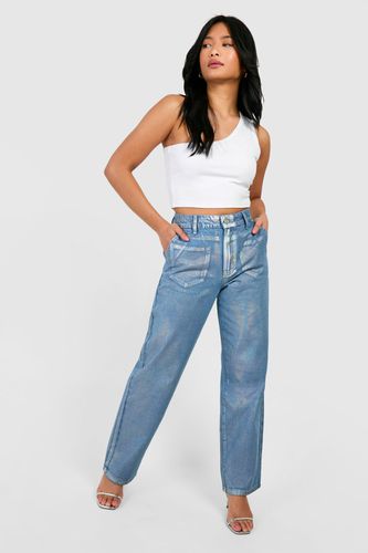Womens Petite Iridescent Metallic Coated Straight Leg Jeans - - 10 - boohoo - Modalova