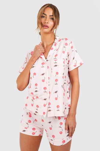 Womens Cherry Print Shirt And Short Pyjama Set - - 12 - boohoo - Modalova