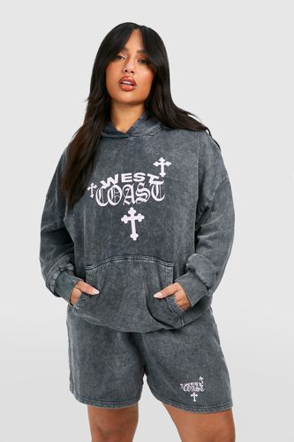 Womens Plus West Coast Cross Print Washed Hooded Short Tracksuit - - 18 - boohoo - Modalova