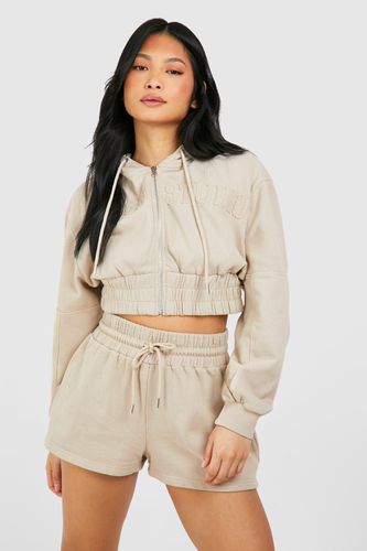 Womens Petite Dsgn Applique Cropped Hoodie Washed Short Tracksuit - - M - boohoo - Modalova