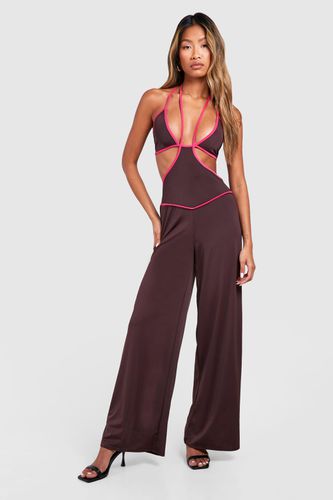 Womens Premium Contrast Binding Halterneck Matt Slinky Jumpsuit - - 12 - boohoo - Modalova