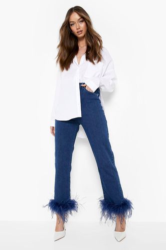 Womens Feather Trim High Waisted Straight Leg Jeans - - 6 - boohoo - Modalova