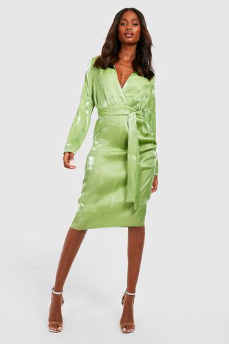 Womens Shimmer Satin Belted Midi Shirt Dress - - 10 - boohoo - Modalova