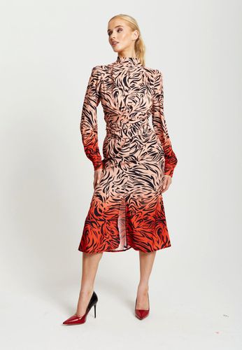 Womens Zebra Print Midi Dress With High Neck And Draped Waist Detail In Orange And Nude - - 10 - Liquorish - Modalova