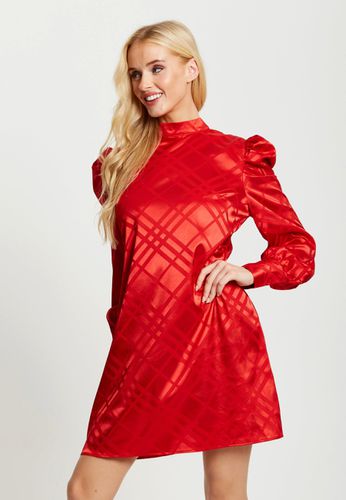 Womens Check Jacquard Mini Dress With High Neck & Puff Sleeve Detail In - 8 - NastyGal UK (+IE) - Modalova