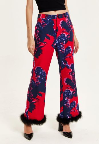Womens Floral Print Tailored Trousers With Fluffy Trim In Black - 6 - NastyGal UK (+IE) - Modalova